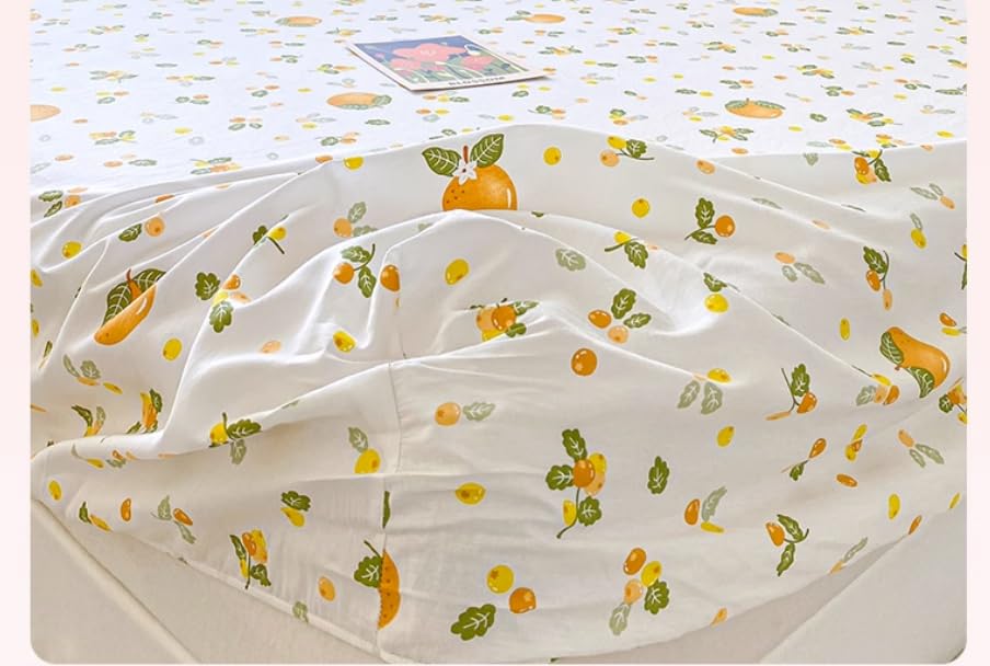 100% Cotton Fitted Sheet with Elastic Band +2pc Pillowcases Orange Fruit Print Double Queen Cal-King Size Mattress Cover for Girls Boys B99A (Queen (U.S. Standard))