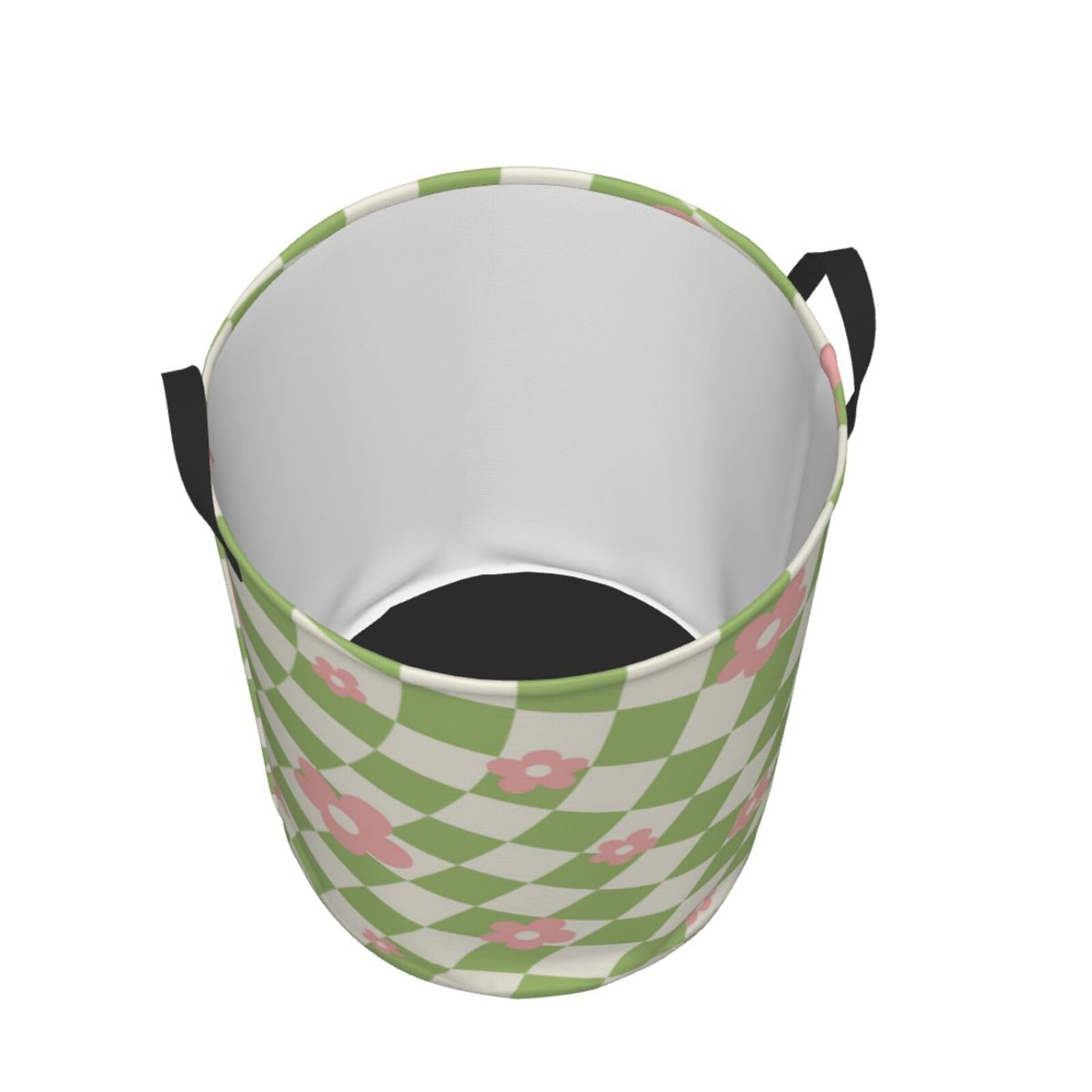 Green Pink Checkered Floral Laundry Basket Waterproof Collapsible Round Laundry Hamper Toys Clothes Organizer Gift Basket For Room Small