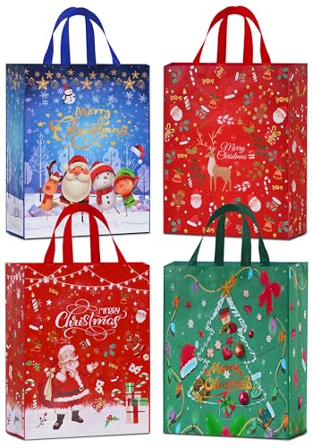 AhfuLife 4PCS Extra Large Christmas Gift Bags, 21.2'' x 16.1''x 6.3'', Jumbo Christmas Tote Bags with Handles, Reusable Non-woven Christmas Shopping Bags for New Year, Xmas's Party Supplies Decoration