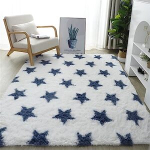 reyox fluffy soft geometric area rug, plush shaggy carpet for for living room bedroom home décor white blue star 5.2 x 6.6 feet