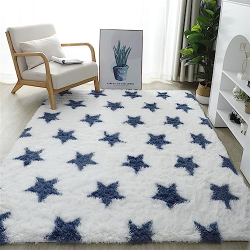 Reyox Fluffy Soft Geometric Area Rug, Plush Shaggy Carpet for for Living Room Bedroom Home Décor White Blue Star 5.2 x 6.6 Feet