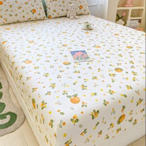 100% Cotton Fitted Sheet with Elastic Band +2pc Pillowcases Orange Fruit Print Double Queen Cal-King Size Mattress Cover for Girls Boys B99A (Queen (U.S. Standard))