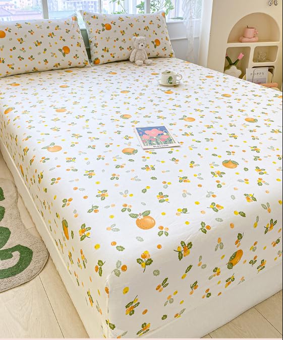 100% Cotton Fitted Sheet with Elastic Band +2pc Pillowcases Orange Fruit Print Double Queen Cal-King Size Mattress Cover for Girls Boys B99A (Queen (U.S. Standard))