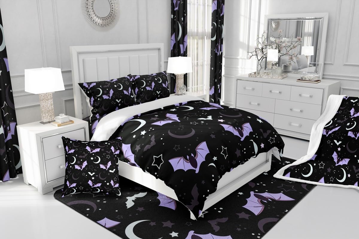 Erosebridal Purple Bats Halloween Decoration Moon Duvet Cover Glitter Stars Galaxy Bedding Set Cartoon Bat Gothic Comforter Cover Queen,Spooky Dark Shadows Silhouette Halloween Decorations Indoor