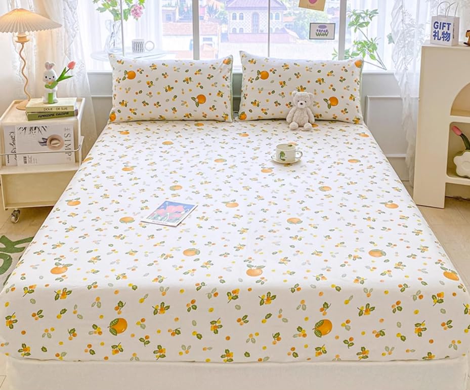 100% Cotton Fitted Sheet with Elastic Band +2pc Pillowcases Orange Fruit Print Double Queen Cal-King Size Mattress Cover for Girls Boys B99A (Queen (U.S. Standard))