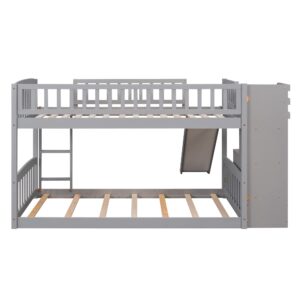 Harper & Bright Designs Low Bunk Bed with Slide and Stairs, Twin Over Twin Wooden Bunk Bed Frame with Storage, for Kids Girls Boys - Gray