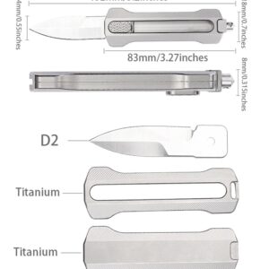 Tenchilon T33 Compact Retractable EDC Utility Box Cutter Pocket Knife, 1.9 inches D2 Spear Point Blades, 3.3 inches TC4 Titanium Handles