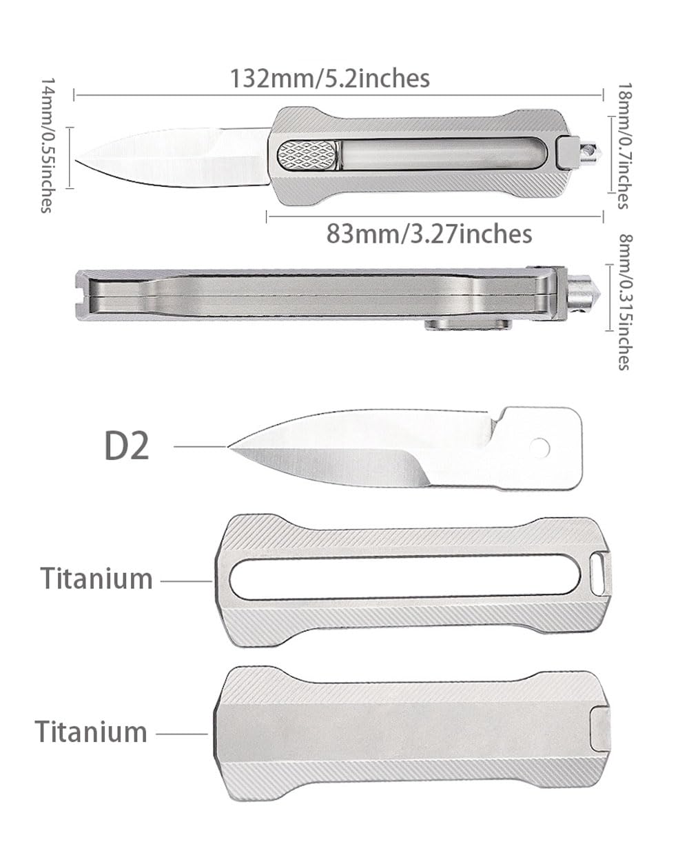 Tenchilon T33 Compact Retractable EDC Utility Box Cutter Pocket Knife, 1.9 inches D2 Spear Point Blades, 3.3 inches TC4 Titanium Handles