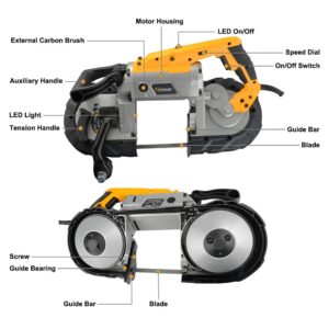 Hoteche Portable Band Saw 9.2-Amp 5-Inch Cutting Capacity Variable Speed Compact Band Saw with Stand for Woodworking and Metalworking