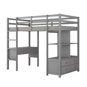 Harper & Bright Designs Twin Size Loft Bed with Desk and Storage, Wood High Loft Bed Frame with Shelves, Multifunctional Loft Bed Twin for Kids Teens Adults (Grey)