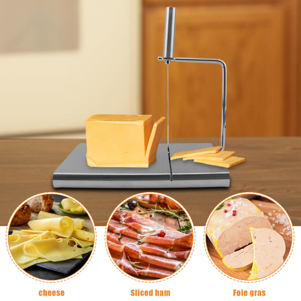 CALIDAKA Cheese Slicer & Cheese Cutter, Stainless Steel Cheese Slicer with 5 Replacement Wires,Cheese Cutter for Block Cheese, Metal Cheese Slicer Cutting Board