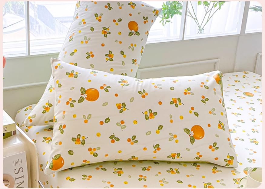 100% Cotton Fitted Sheet with Elastic Band +2pc Pillowcases Orange Fruit Print Double Queen Cal-King Size Mattress Cover for Girls Boys B99A (Queen (U.S. Standard))