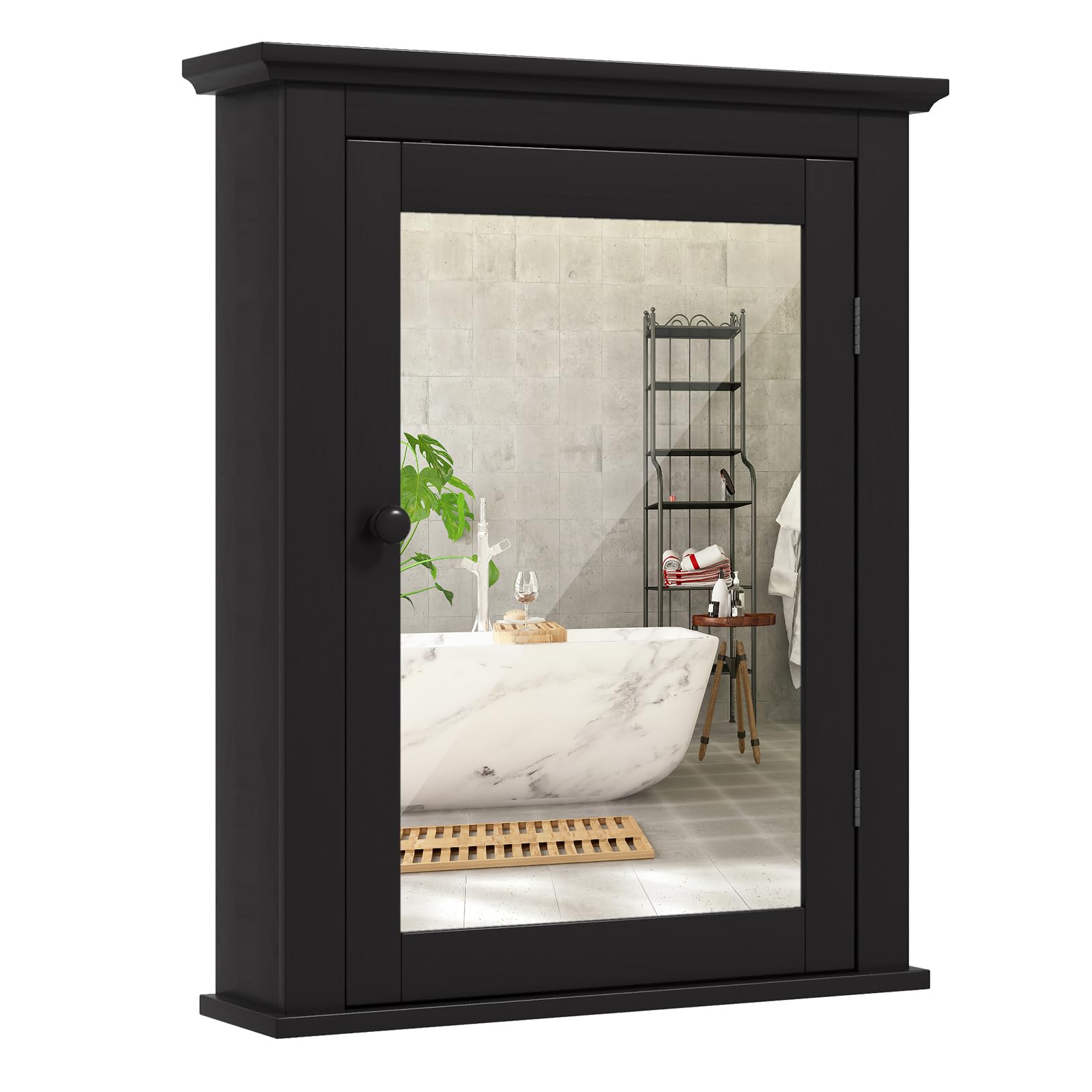 COSTWAY Bathroom Medicine Cabinet with Mirror, Wall-Mounted Storage Cabinet Organizer with 5-Position Adjustable Shelf, Hanging Bathroom Wall Cabinet for Living Room Bedroom Entryway (Black)