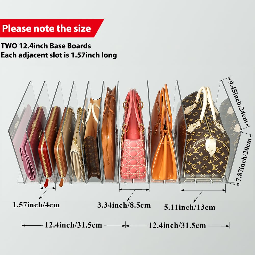 OKBHTS Purse Organizer for Closet with 10 Dividers, Adjustable Acrylic Clear Shelf Dividers for Purse, Pocketbook, Wallet, Handbags, Books (2 Base Boards + 10 Shelf Dividers)