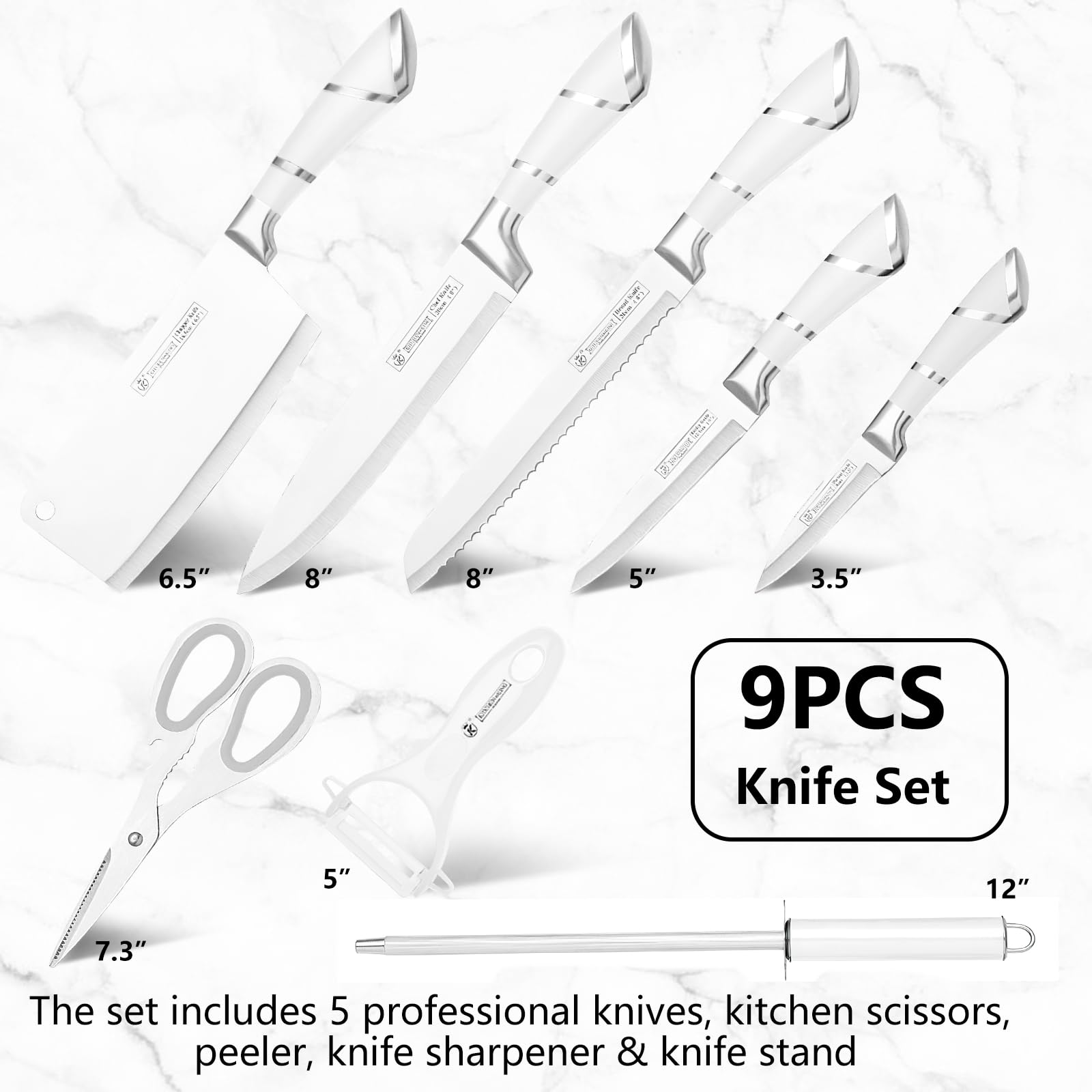 9Pcs White Kitchen Knife Set, DUFEIMOY Chef Knife Set Professional, Stainless Steel Knife Block Set with Scissors, Peeler and Knife Sharpener Rod for Cooking Meat Cutting