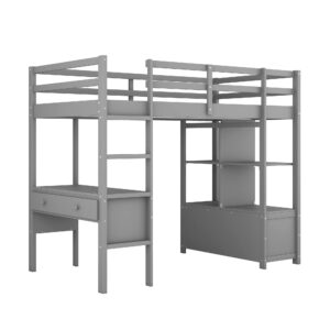 Harper & Bright Designs Twin Size Loft Bed with Desk and Storage, Wood High Loft Bed Frame with Shelves, Multifunctional Loft Bed Twin for Kids Teens Adults (Grey)