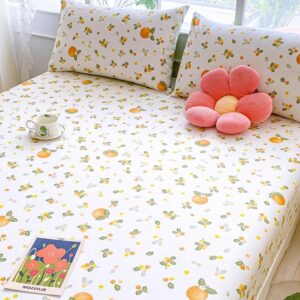 100% Cotton Fitted Sheet with Elastic Band +2pc Pillowcases Orange Fruit Print Double Queen Cal-King Size Mattress Cover for Girls Boys B99A (Queen (U.S. Standard))