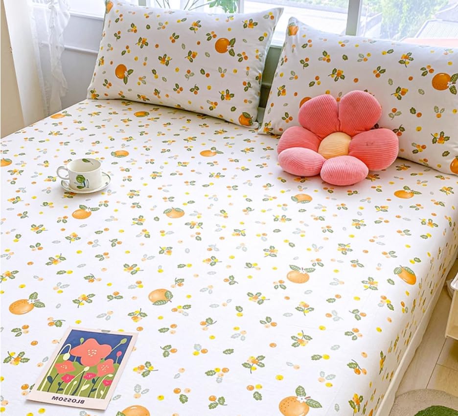 100% Cotton Fitted Sheet with Elastic Band +2pc Pillowcases Orange Fruit Print Double Queen Cal-King Size Mattress Cover for Girls Boys B99A (Queen (U.S. Standard))