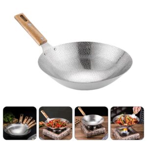 Luxshiny Wok Pan Non-stick Stainless Steel Stir Fry Pans With Wooden Handle 24cm Traditional Hand Hammered Round Bottom Woks Cooking Pot Cookware For Gas Induction Or Electric Stove