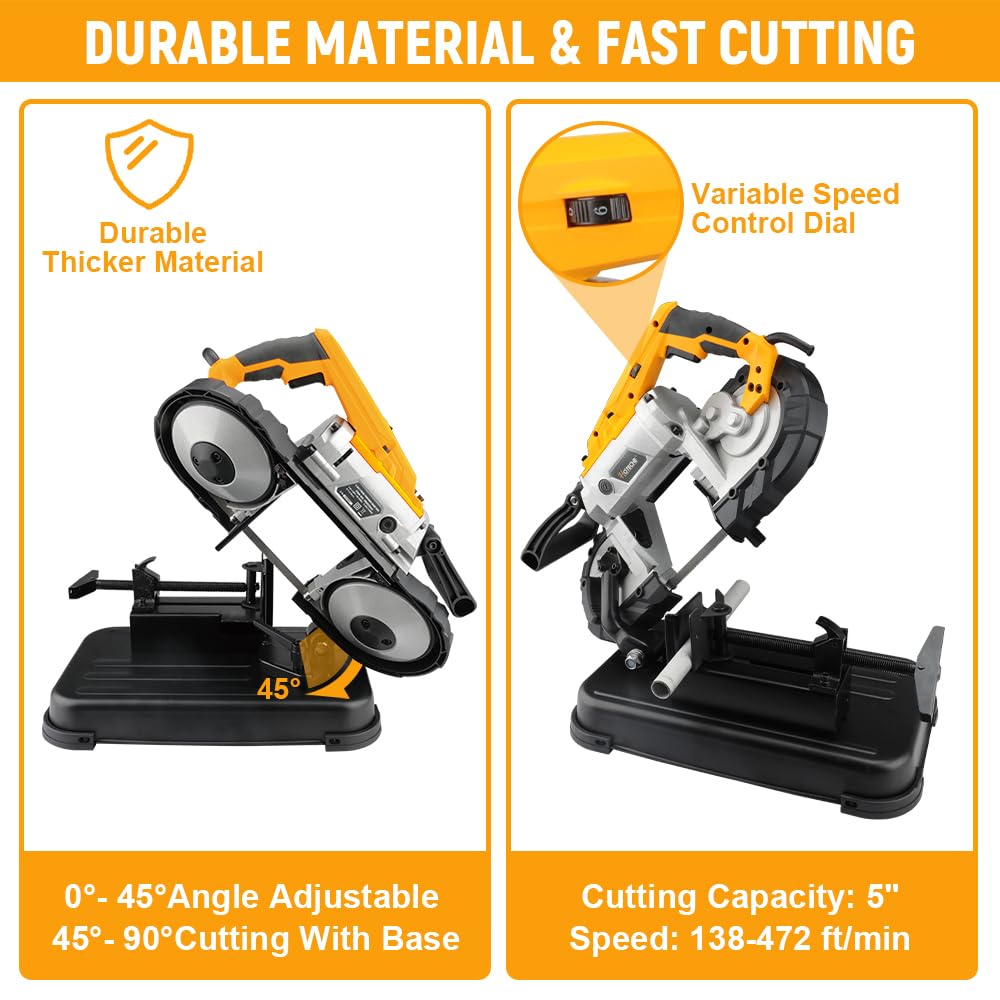 Hoteche Portable Band Saw 9.2-Amp 5-Inch Cutting Capacity Variable Speed Compact Band Saw with Stand for Woodworking and Metalworking