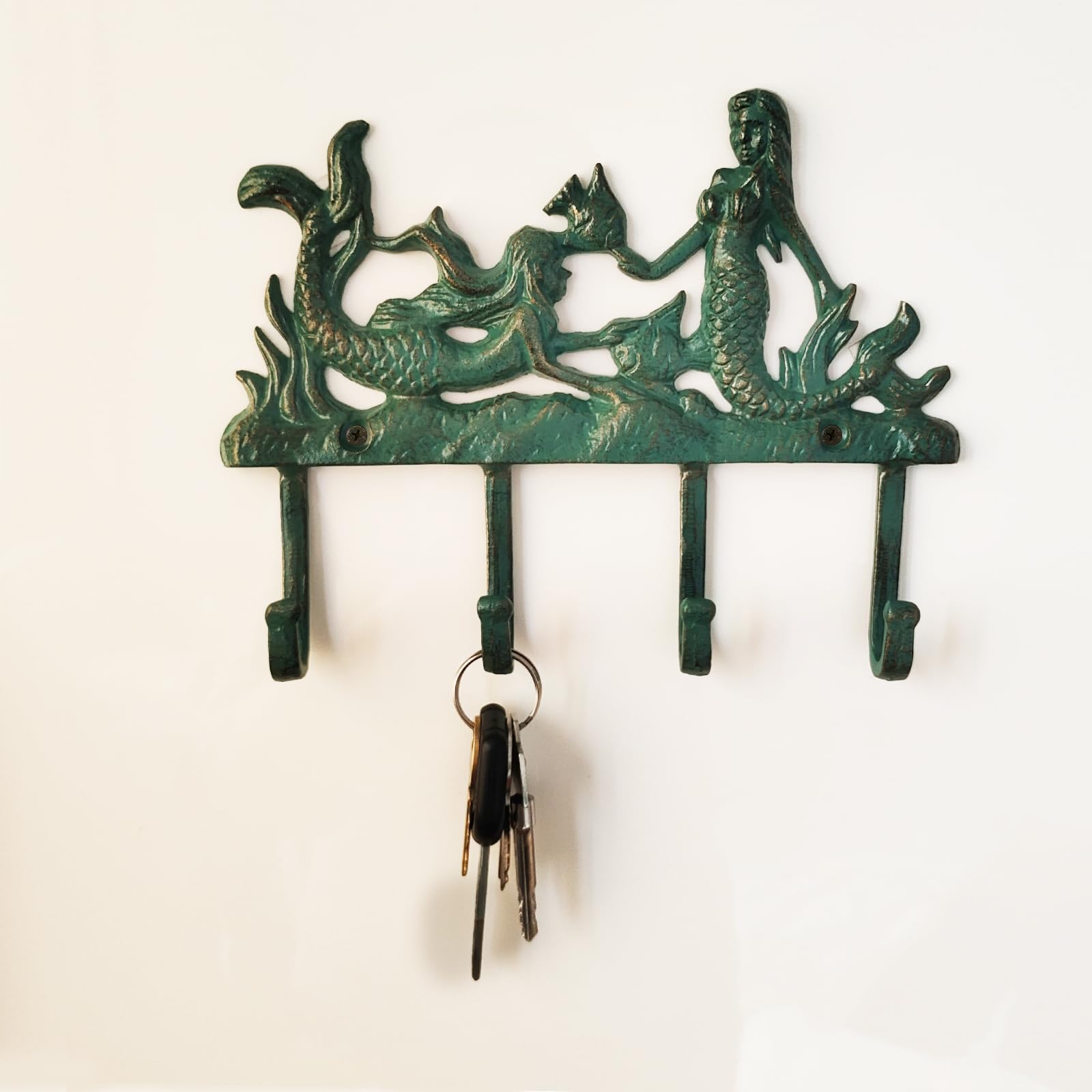 CatchDragon Rustic Cast Iron Mermaid Coat Rack Wall Mount, Decorative Mermaid Wall Hooks Hangers w/4 Hooks for Hanging Towels Coats Keys Hats (C)