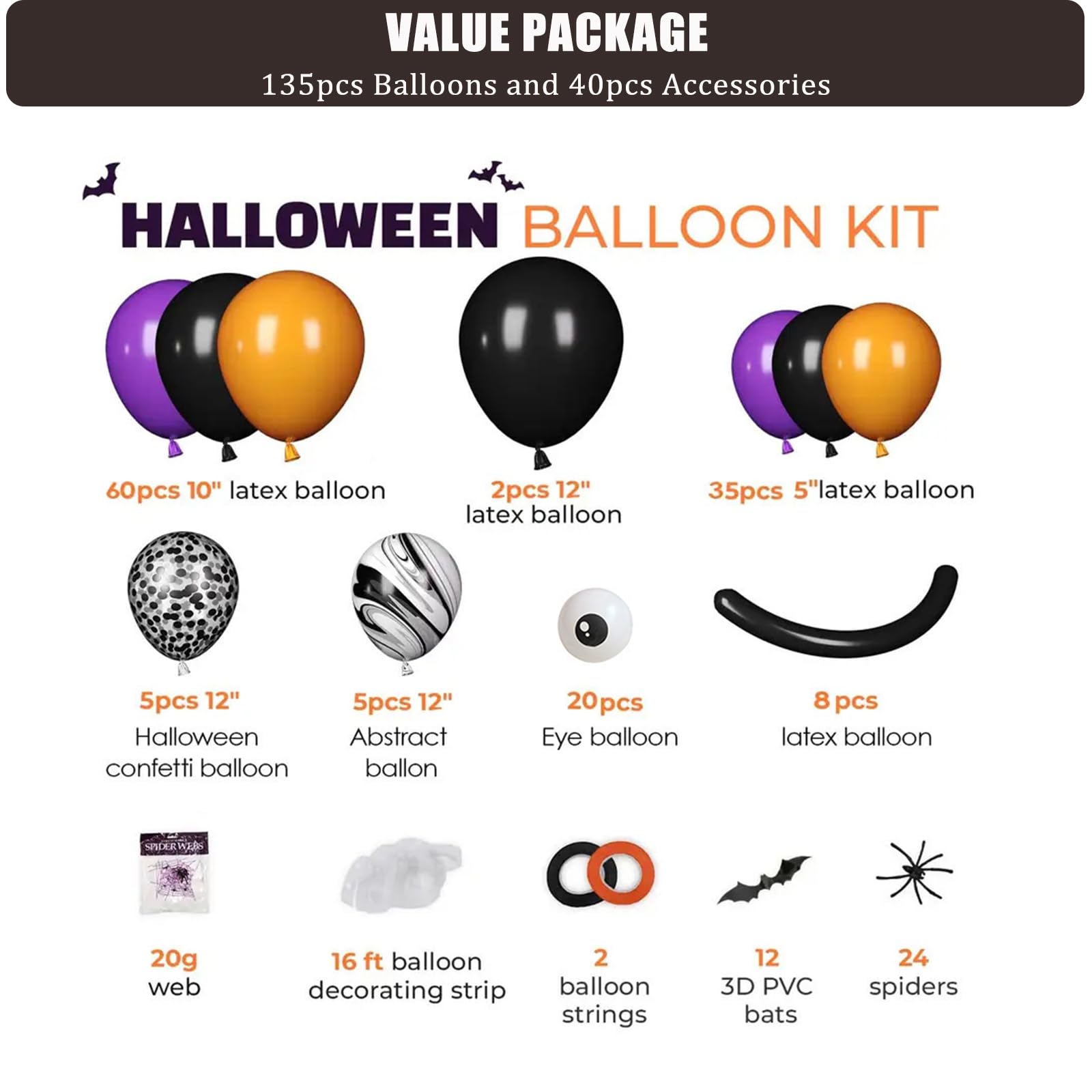 175Pcs Halloween Balloon Arch Kit, DIY Hallowen Party Supplies with Black Purple Orange Balloons for Party Decorations