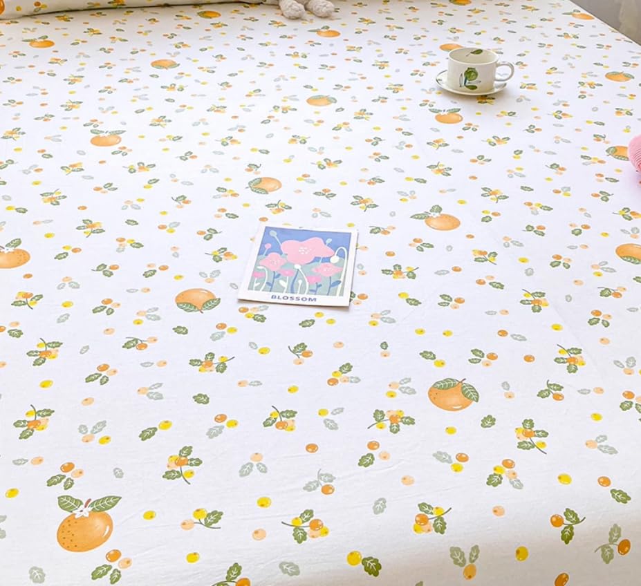 100% Cotton Fitted Sheet with Elastic Band +2pc Pillowcases Orange Fruit Print Double Queen Cal-King Size Mattress Cover for Girls Boys B99A (Queen (U.S. Standard))