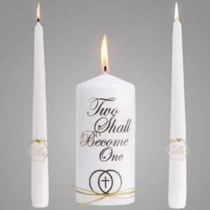 wedding unity candle set for ceremonies - unity decorative wedding candle centerpiece sets catholic white with gold decorations unity candle set for weddings 6" pillar and 2 10" - velas matrimoniales