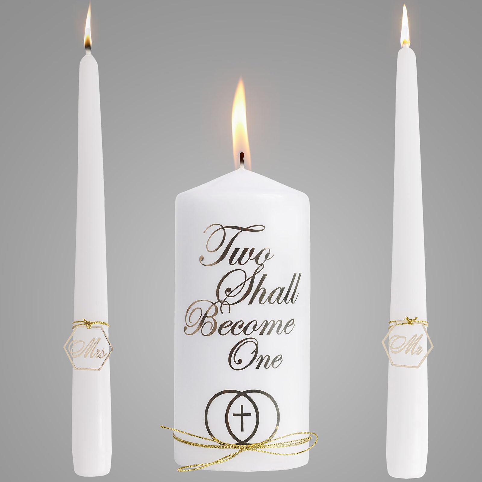 Wedding Unity Candle Set for Ceremonies - Unity Decorative Wedding Candle Centerpiece Sets Catholic White with Gold Decorations Unity Candle Set for Weddings 6" Pillar and 2 10" - Velas Matrimoniales