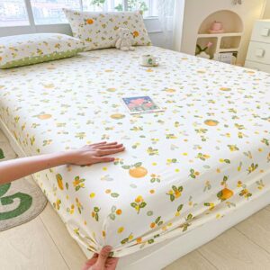 100% cotton fitted sheet with elastic band +2pc pillowcases orange fruit print double queen cal-king size mattress cover for girls boys b99a (queen (u.s. standard))