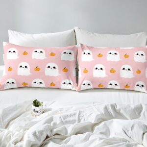 Erosebridal Halloween Bedding Set Cartoon Ghost Comforter Cover Halloween Pumpkin Decorations,Gothic Pumpkin Lights Duvet Cover Twin,Kawaii Shadows Pink Room Decor Halloween Decorations Indoor