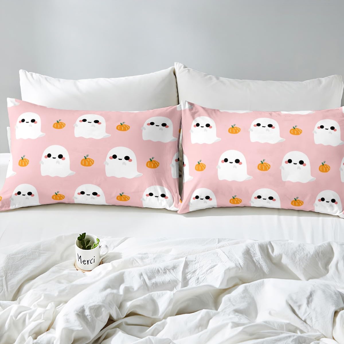 Erosebridal Halloween Bedding Set Cartoon Ghost Comforter Cover Halloween Pumpkin Decorations,Gothic Pumpkin Lights Duvet Cover Twin,Kawaii Shadows Pink Room Decor Halloween Decorations Indoor