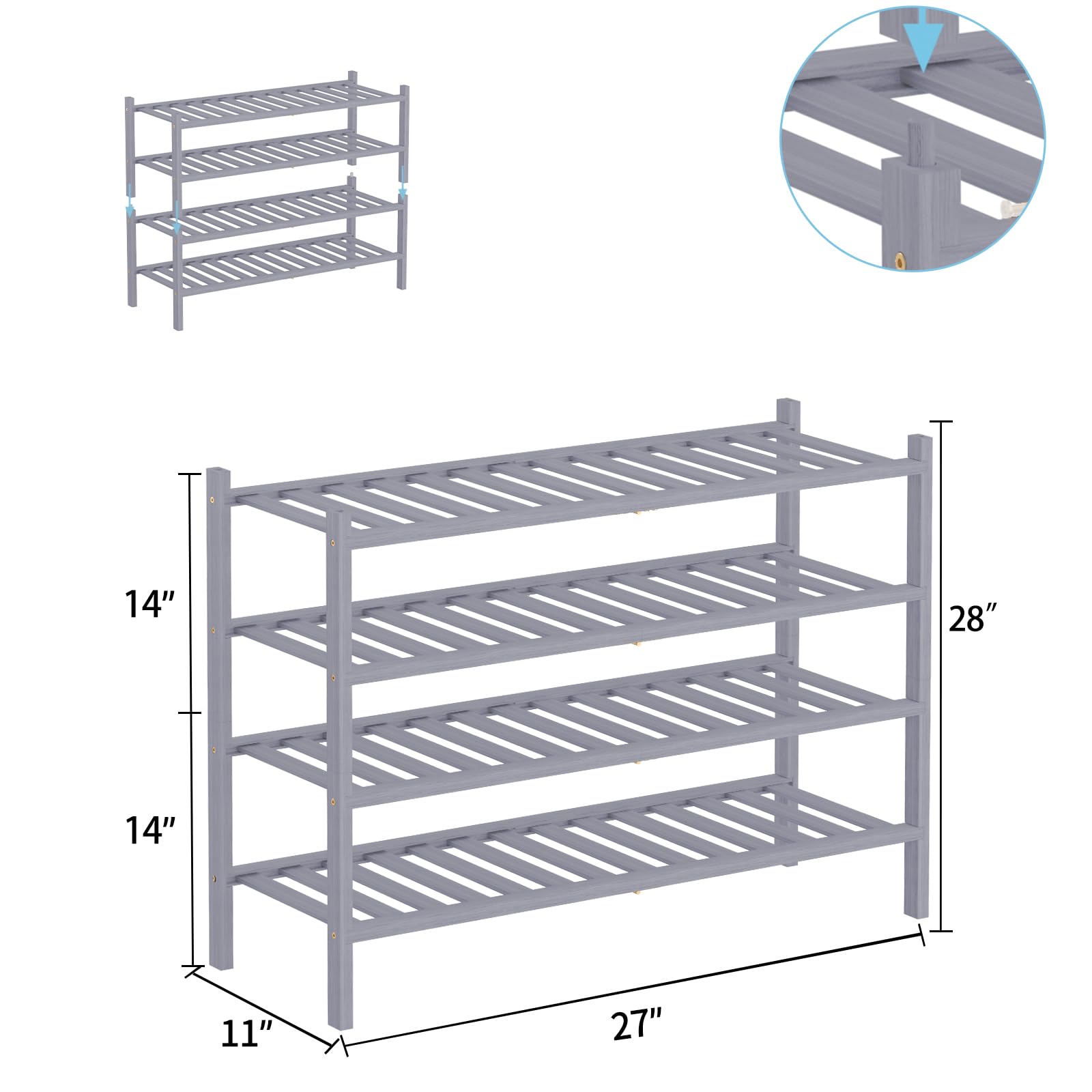 RONGJIA 4-Tier Natural Bamboo Shoe Rack - Stackable Storage Shelf with Multi-Function Combinations - Free Standing Shoe Racks for Convenient Shoe Organization（Gray） 11" D x 27" W x 28" H