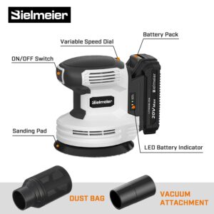 Bielmeier 20V Cordless Random Orbital Sander Kit with Vacuum Attachment,2.0Ah Battery,6 Variable Speed Electric Hand Sander with 15-Piece Hook & Loop Sandpaper for Woodworking Sanding