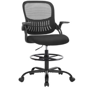 smug drafting chair, tall office chair tall standing desk chair counter height adjustable office chair with flip-up arms, mid back mesh office drafting chairs, black