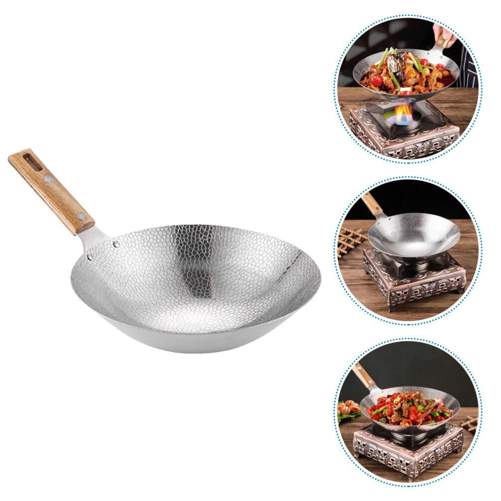 Luxshiny Wok Pan Non-stick Stainless Steel Stir Fry Pans With Wooden Handle 24cm Traditional Hand Hammered Round Bottom Woks Cooking Pot Cookware For Gas Induction Or Electric Stove