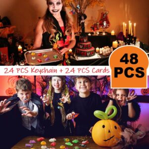 TOANWOD 48 PCS Halloween Party Favors Mini Fidget Pop Keychain: Halloween Toys Bulk Cheap - Trick or Treat Toys Non Candy - Goody Bag Stuffers for Kids Classroom School Prizes (24Keychains + 24Cards)