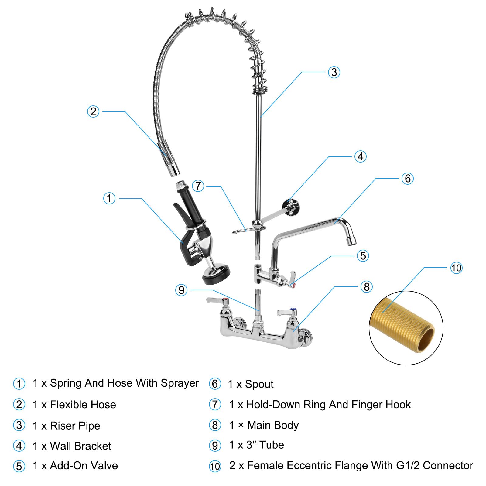 uxcell Commercial Sink Faucet with Pre-Rinse Sprayer, Wall Mount Faucet with 12" Swivel Spout 8" Center 36" Height Pre Rinse Faucet for Chrome Solid Brass