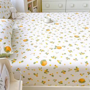 100% Cotton Fitted Sheet with Elastic Band +2pc Pillowcases Orange Fruit Print Double Queen Cal-King Size Mattress Cover for Girls Boys B99A (Queen (U.S. Standard))