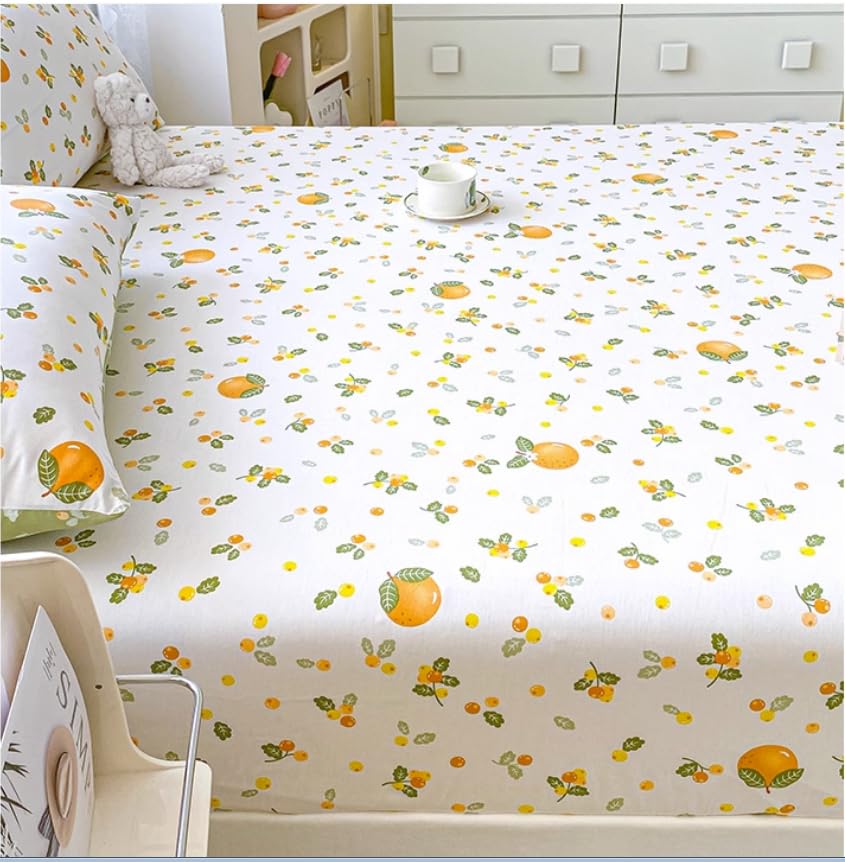 100% Cotton Fitted Sheet with Elastic Band +2pc Pillowcases Orange Fruit Print Double Queen Cal-King Size Mattress Cover for Girls Boys B99A (Queen (U.S. Standard))