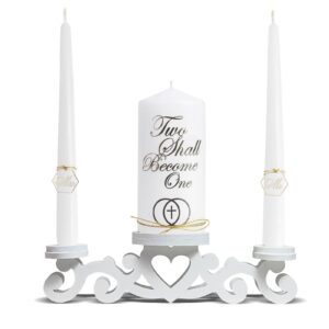 Wedding Unity Candle Set for Ceremonies - Unity Decorative Wedding Candle Centerpiece Sets Catholic White with Gold Decorations Unity Candle Set for Weddings 6" Pillar and 2 10" - Velas Matrimoniales