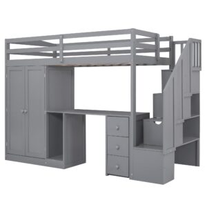 Gray Twin Size Loft Bed with Stairs and Desk, Wooden Twin Loft Bed with Wardrobe and Storage Drawers, High Loft Bed Frame for Kids, Teens, Adults Boys & Girls, Loft Bed Twin with Storage