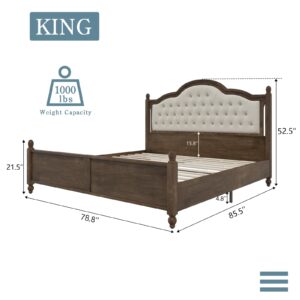 LUXOAK King Size Wood Bed Frame with Upholstered Headboard, Solid Wood Platform Bed with Linen Tufted, No Box Spring Needed, Easy Assembly, Walnut