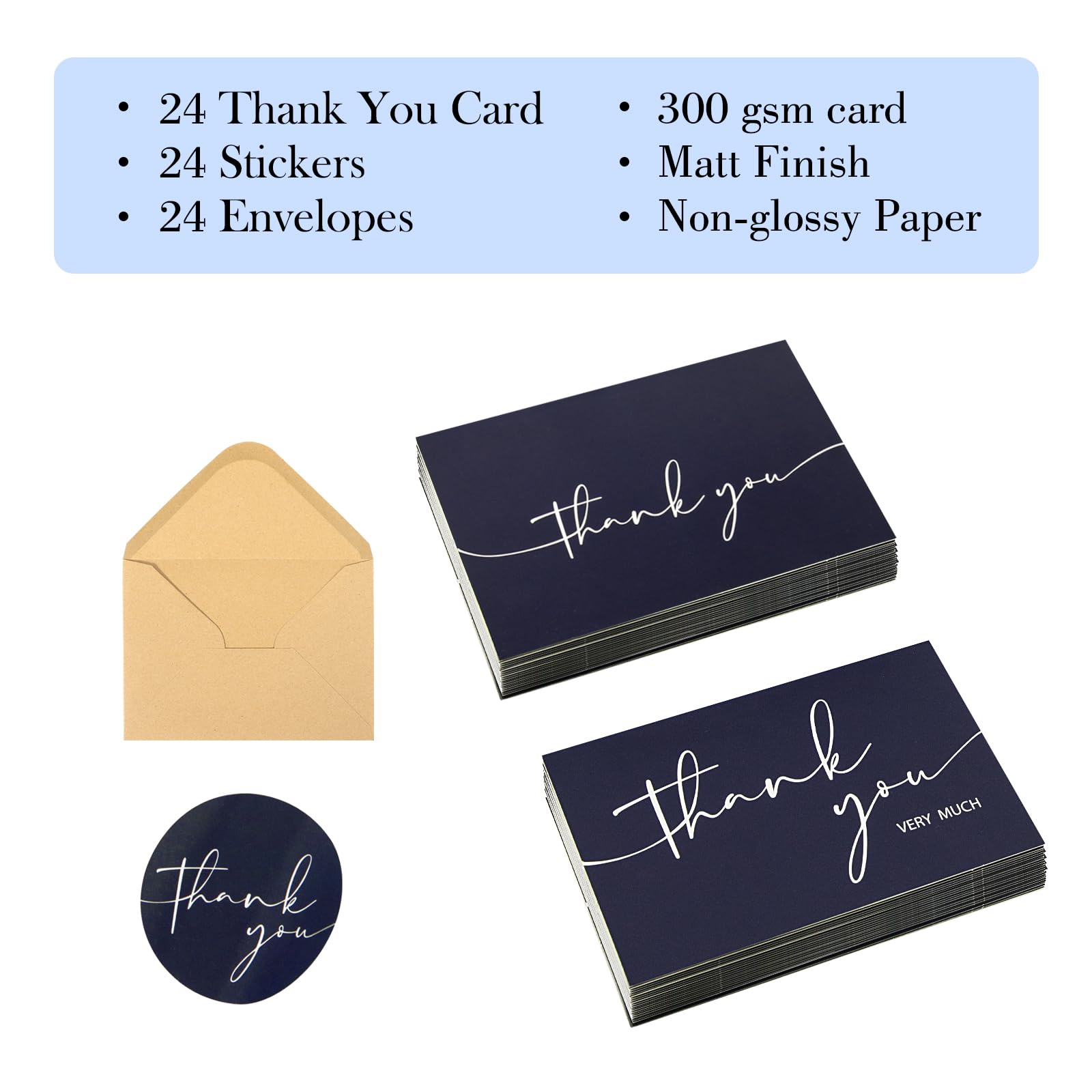 NESCCI 24 PCS Thank You Cards With Envelopes,Thank You Card,4x6 Inch Minimalistic Design, Thank You Notes for Wedding, Business, Baby Shower, Small Business, Funeral, Graduation (Navy Blue)