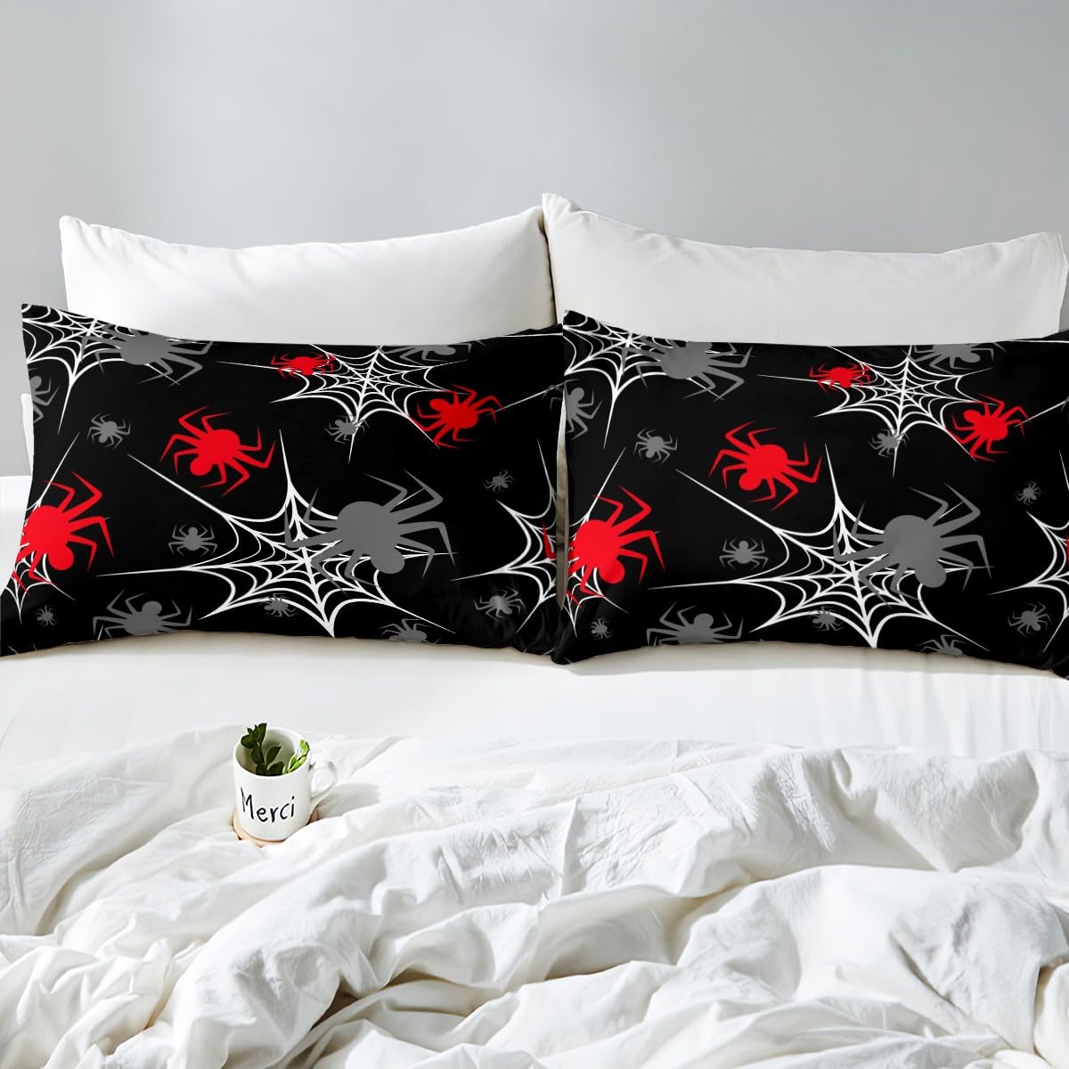 Red Black White Cobweb Sheet Set Full Size, Scary Halloween Decorations Bed Sheets Set Scary Spider Sheets with Deep Pocket Fitted Sheet Kids Toddler Red Black Gray Animal Bedding Set 4Pcs