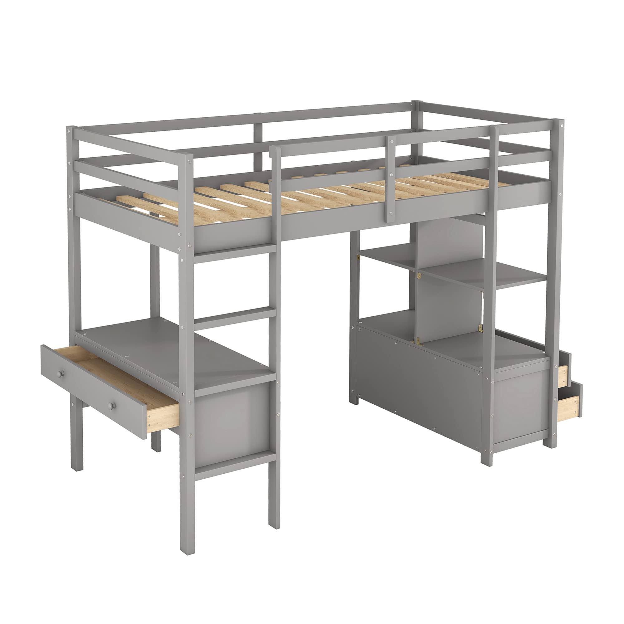 Harper & Bright Designs Twin Size Loft Bed with Desk and Storage, Wood High Loft Bed Frame with Shelves, Multifunctional Loft Bed Twin for Kids Teens Adults (Grey)