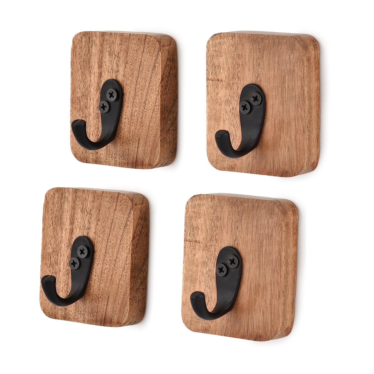 EDHAS Acacia Wood Natural 4 PCS Wall Mounted Rustic Decorative Coat Hook for Hanging Coat Clothes Hat Bag Purse and Towel (3" x 2.5" x 0.75")