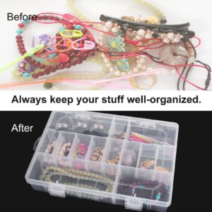 2 Pack 24 Grids Clear Plastic Organizer Box, Storage Container with Adjustable Divider, Craft and Bead Storage Organizer Box for DIY Crafts Jewelry Fishing Tackles with 1 Sheets Label Stickers