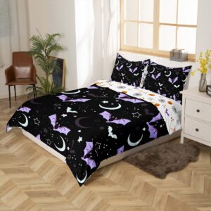 Erosebridal Purple Bats Halloween Decoration Moon Duvet Cover Glitter Stars Galaxy Bedding Set Cartoon Bat Gothic Comforter Cover Queen,Spooky Dark Shadows Silhouette Halloween Decorations Indoor