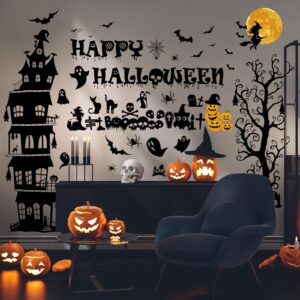 125pcs halloween wall decals, large size ancient castle tall tree halloween home wall horror wall decals with happy halloween, wall pumpkin spooky decorations party supplies diy wall art indoor decor